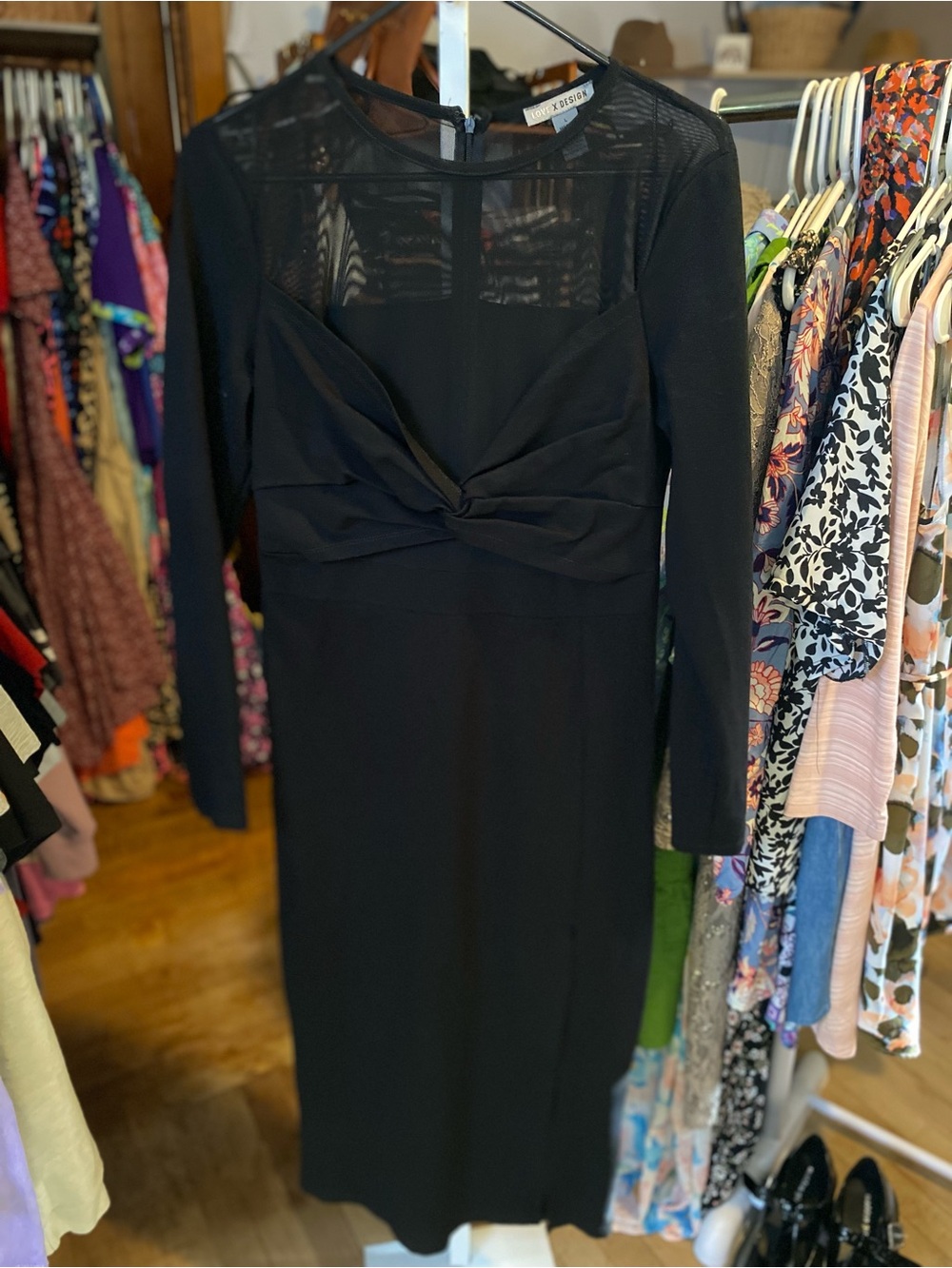 Love By Design Black Long Sleeve Twist-Front Midi Dress with sheer sleeves
